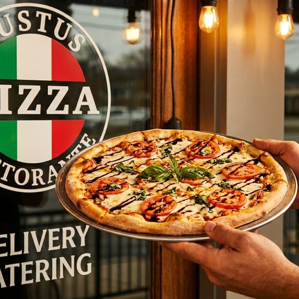 Hands holding a fresh pizza with tomatoes, basil, and balsamic glaze in front of a restaurant door.