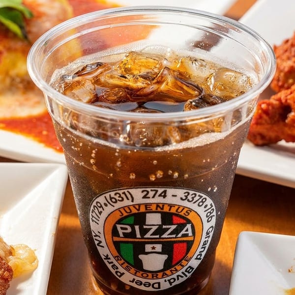 Juventus Pizza soda with ice, surrounded by plates of Italian food and chicken wings.