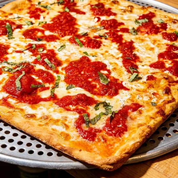 Square-cut pizza with melted mozzarella, dollops of red sauce, and fresh basil on a metal pan.