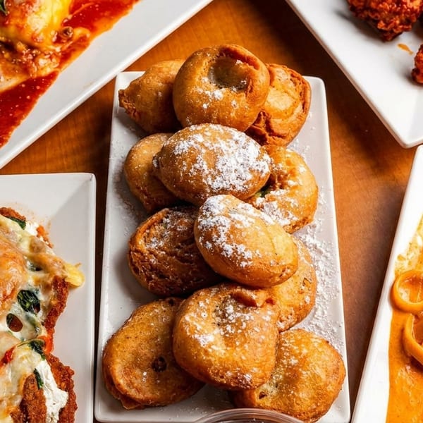 An overhead view of five plates of food, including pasta, fried chicken, and powdered sugar donuts.