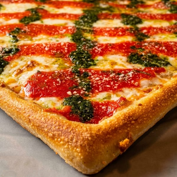 Square pizza with red sauce stripes, green pesto, and melted cheese on a gray plate.