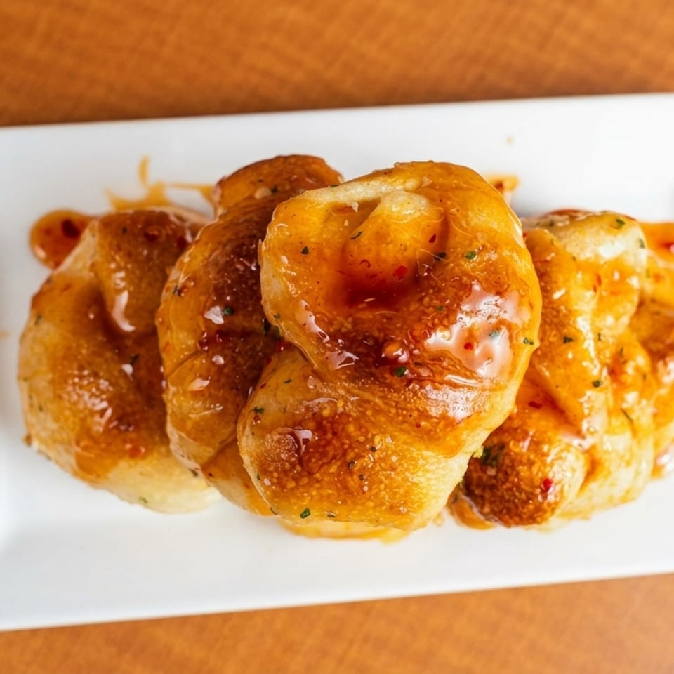 Four golden-brown garlic knots drizzled with sweet chili sauce on a white rectangular plate.