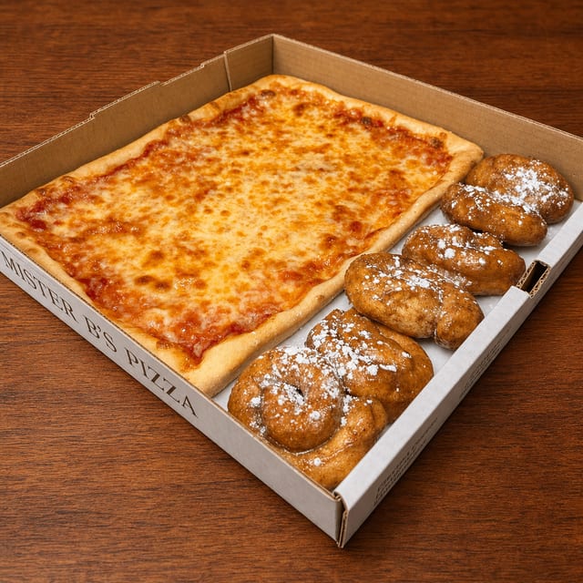 Square Cheese Pie & Cinnamon Knots Box.