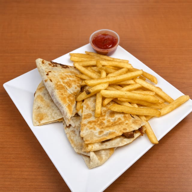 Chicken Quesadilla with French Fries.